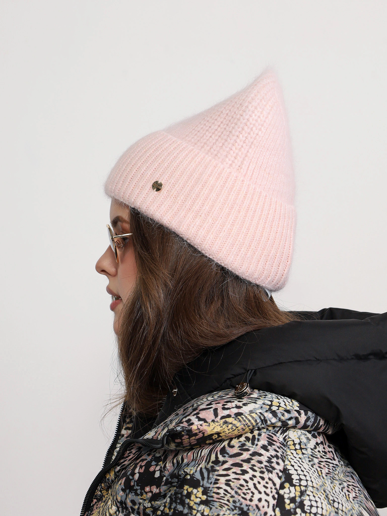 Шапка-бини из ангоры и нейлона с отворотом в ассортименте